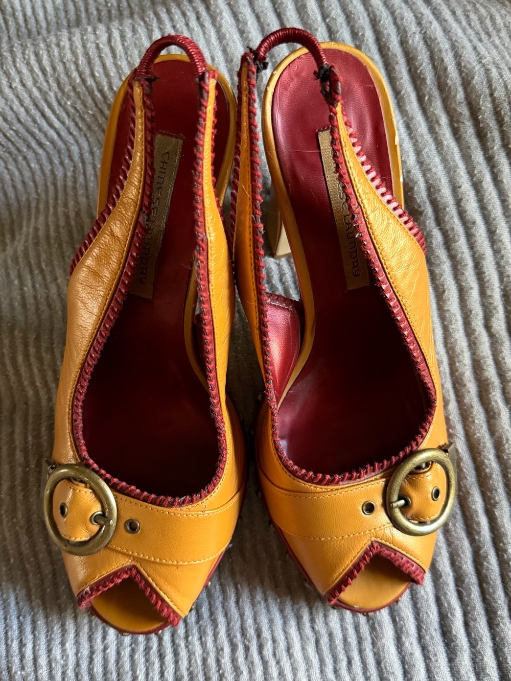 Vintage Y2k Chinese Laundry Yellow & Red Buckle Studded Slingback Heels